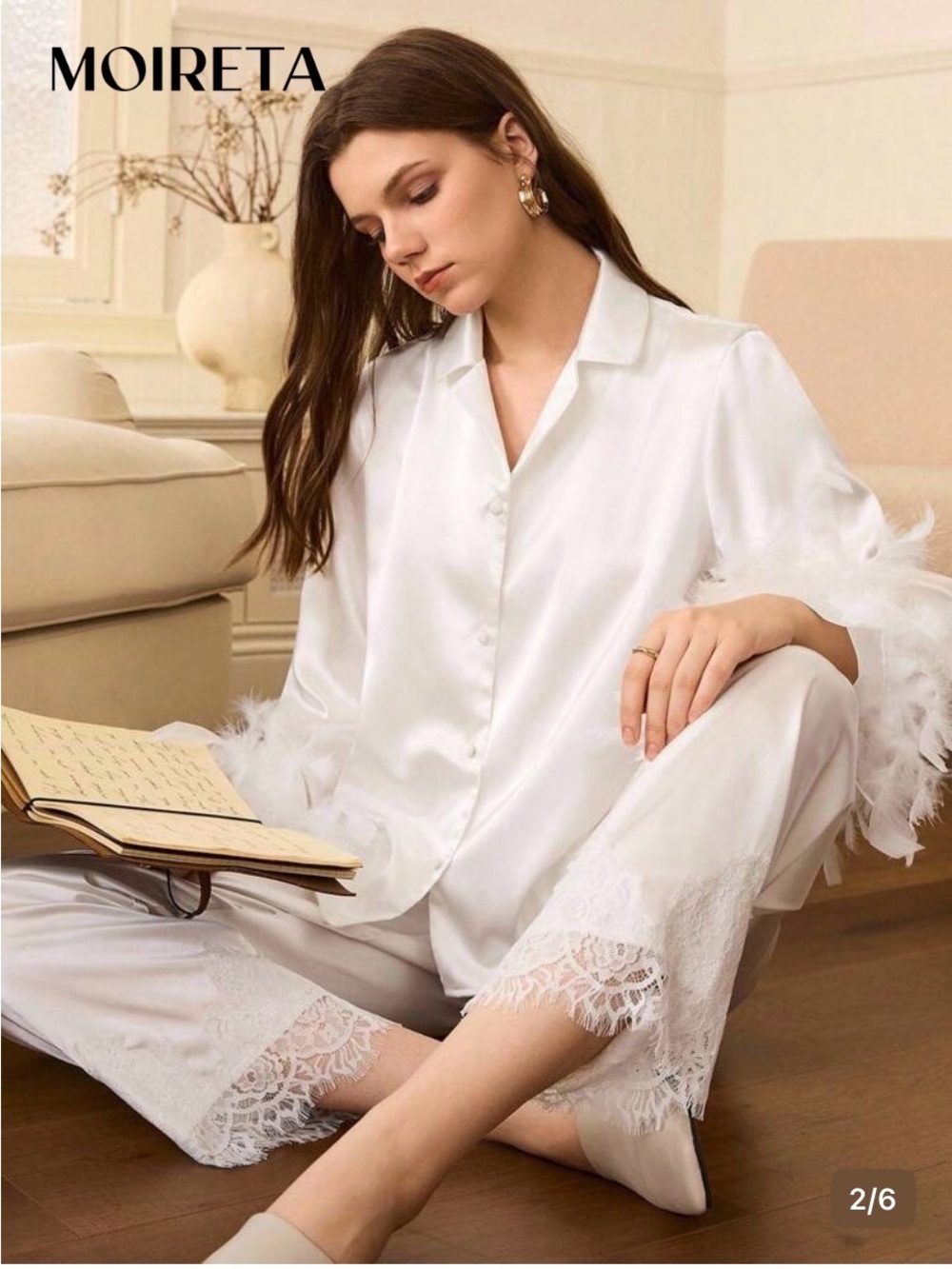 Women's White Satin Lace-Trim Pajama Set